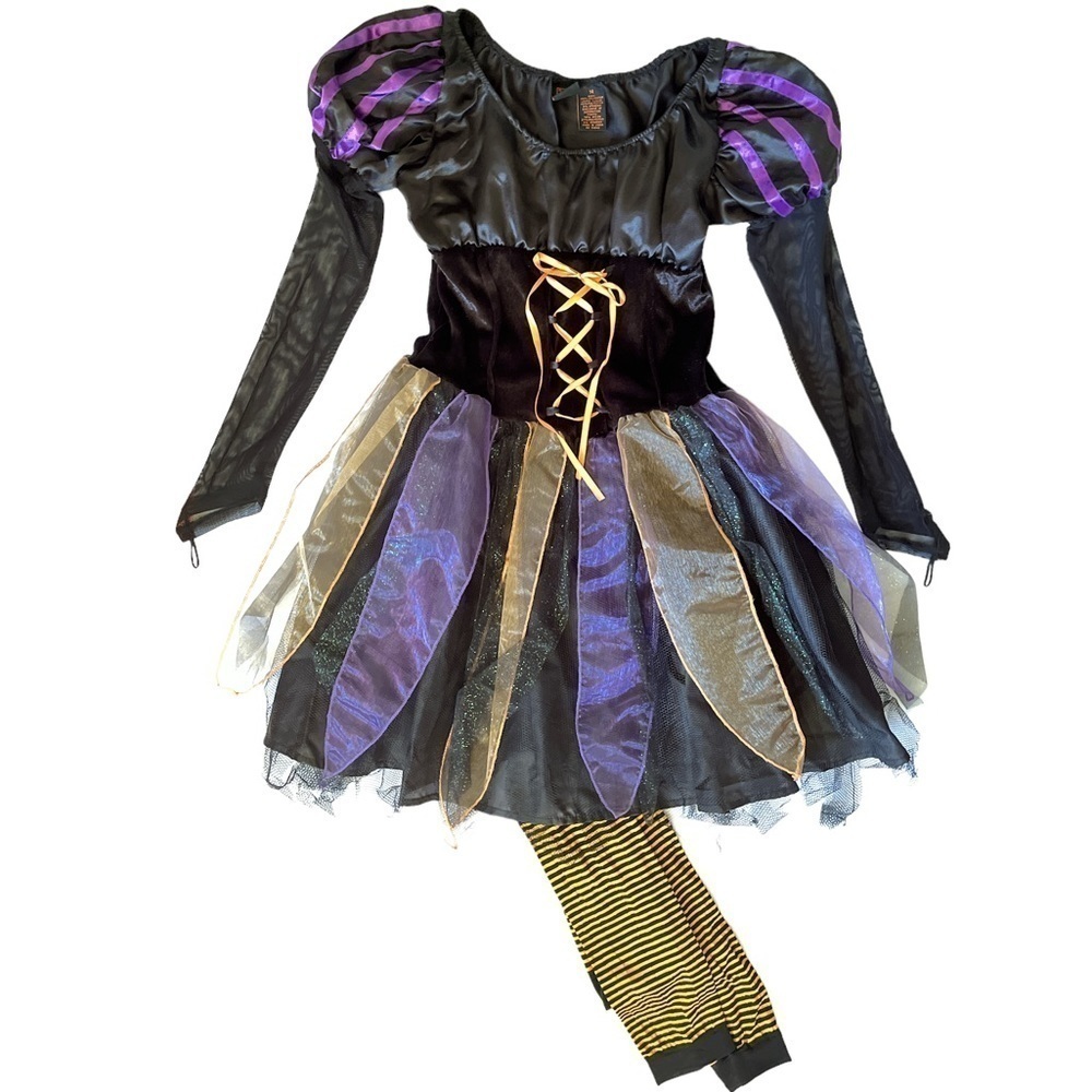 Halloween witch dark fairy costume with orange and black striped footless tights